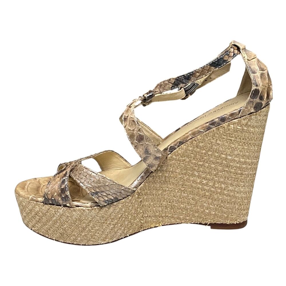 Alexandre Birman Python Skin Raffia Platform Wedge Sandals Beige Brown 7.5 - Picture 6 of 14